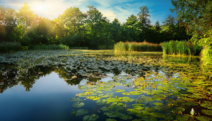 Obraz premium Serene Pond With Lily Pads And Vibrant Aquatic Plants Under Sunlight Reflecting Nature S Beauty