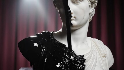 A captivating artistic closeup of a classical white marble bust being dramatically covered by a thick glossy black liquid creating a striking visual contrast and symbolizing themes of transformation .