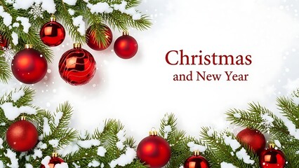Festive Red Ornaments Adorn Snowy Evergreen Branches for Christmas and New Year Celebrations
