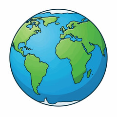 A cartoon-style illustration of planet Earth, showing continents in green and oceans in blue. It is depicted as a sphere with a white background.