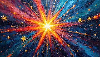 Bright starburst and cosmic dust explode in vibrant colors across dark space. Streaks of light and small stars scatter outwards, creating a dynamic and energetic visual.