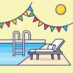 A colorful illustration depicts a swimming pool with a ladder, a lounge chair, and festive bunting under a sunny sky, suggesting a pool party.