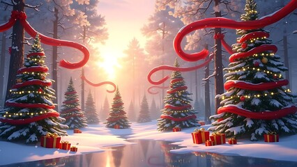 Festive Winter Forest Scene with Decorated Christmas Trees and Gift Boxes