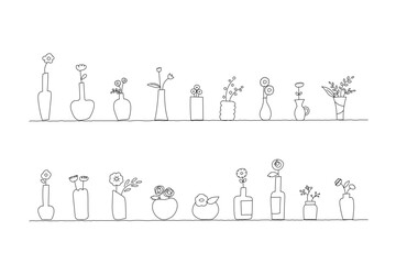 色々なお花の花瓶が並んだ線画イラストセット　