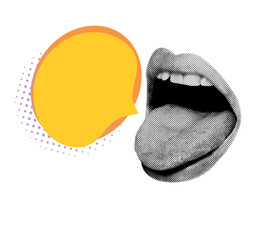 Halftone open mouth with tongue and pop art comic speech bubble. Used to add bold messages, quotes, announcements, or reactions