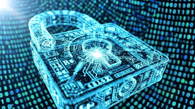 A luminous blue holographic padlock forged from digital circuitry against a shifting data grid glow