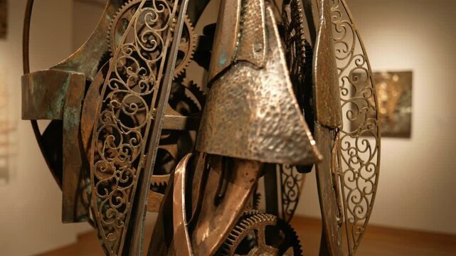 Abstract Bronze Sculpture with Intricate Gears and Filigree in Warm Light