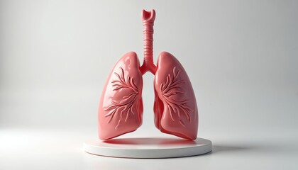 Pink anatomical lungs model stands on white podium. Trachea connects to lungs, showing internal bronchial tree structure. This detailed organ model represents breathing and life.