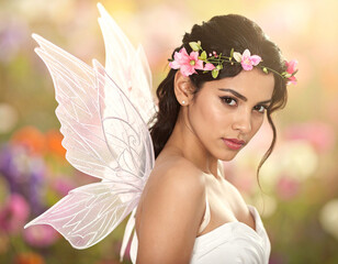 ピンクの花をまとった美しい花の妖精　花飾り　女性　ロマンチック