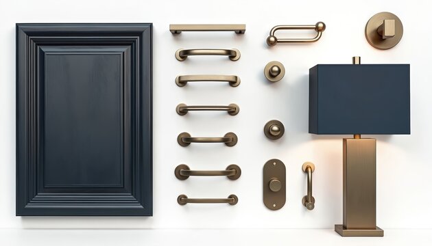 Luxury dark blue cabinet door sample with various brass drawer pulls and a modern table lamp. This collection offers hardware and decor ideas for high-end interior design projects.
