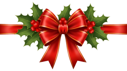 Red and gold bow with holly leaves and berries on black background red bow red berries