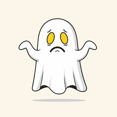 Obraz premium A sad, white cartoon ghost with yellow eyes and a frown, shrugging its shoulders against a plain, light background.