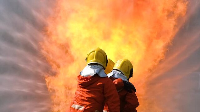 Fireman in fire protection suit fighting strong fire in danger situation. Firefighter teamwork spray water from fire hose to extinguishing fire flames in training operation.