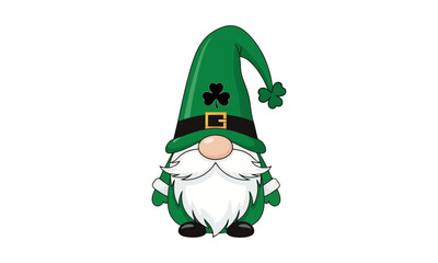 A charming illustration of a green leprechaun gnome with a white beard and a clover on his hat.