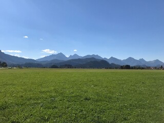 Fototapeta premium Peaceful Alpine Landscape under Clear Blue Sky