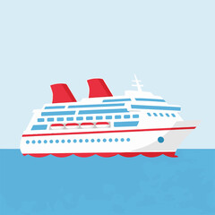 Obraz premium A white cruise ship with red accents sails on a calm blue ocean under a light blue sky.