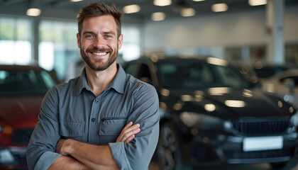 Smiling Caucasian mechanic stands with arms crossed in auto dealership. He wears a gray uniform shirt and stands before rows of new cars for sale. Professional automotive.,