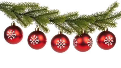 Red Christmas baubles with snowflakes hanging from green pine branch on black background ornaments