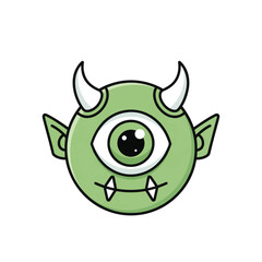 Fototapeta premium A cute, green, one-eyed monster with horns and fangs smiles on a white background.