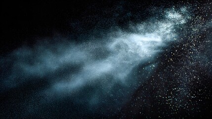 Fine particulate matter disperses across a deep black background illuminated by soft light