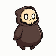 Fototapeta premium A cute, plump cartoon grim reaper wearing a brown robe and a skull for a head. It has large, round eyes and a simple, friendly expression.
