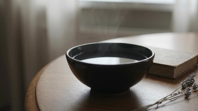 Steam Rising from Black Bowl on Brown Table with Lavender and Book near Window