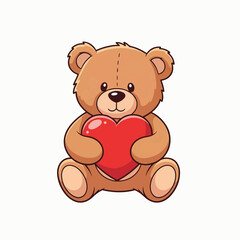 Fototapeta premium A cute, cartoon brown teddy bear sits on a white background, holding a bright red heart with both paws. The bear has a sweet smile and black button eyes.