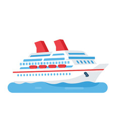 Obraz premium A flat design illustration of a white cruise ship with blue trim, red smokestacks, and red lifeboats, sailing on blue water against a white background.