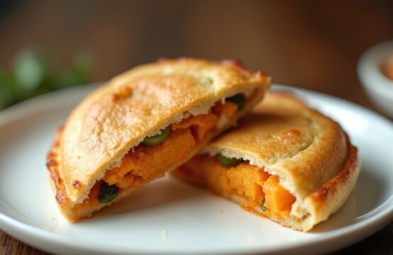 Golden baked empada cut in half showing savory pumpkin filling with peas. Traditional Brazilian snack served on white plate. Delicious homemade pastry ready to eat.