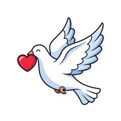 Obraz premium A cheerful cartoon white dove flies, holding a vibrant red heart in its beak. The simple illustration on a white background symbolizes love and peace.