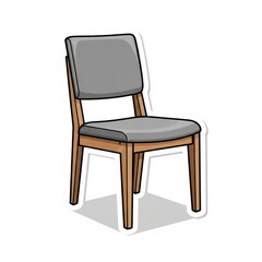 Simple wooden dining chair features padded gray upholstery in a cartoon style.