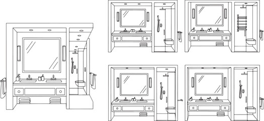 Fototapeta premium Black and white line drawing of a modern bathroom with double vanity and shower interior