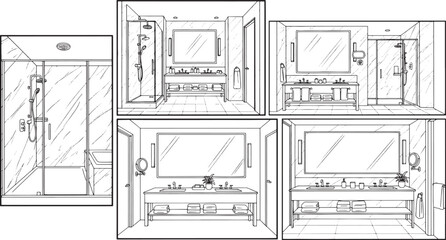 Fototapeta premium Bathroom interior design sketches with shower and vanity scenes drawing