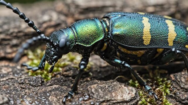 Close-up of a stunning iridescent green and yellow striped beetle with long antennae, crawling on textured tree bark amidst moss.