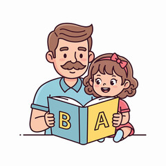 Obraz premium Cartoon father and daughter reading an ABC book together. The dad has a mustache and the girl has a pink bow, depicting a sweet learning moment.