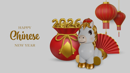 chinese new year greeting card with cute 3d horse and lucky bag. horse new year banner with 3d lanterns, red bag with coins and folding fan