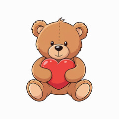 Obraz premium A cute brown cartoon teddy bear sits, holding a large red heart, isolated on a white background.