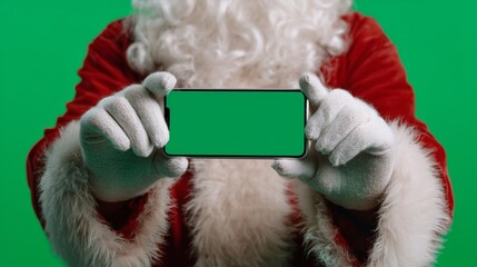 Santa holds a smartphone with a green screen for a holiday greeting in a studio with a plain background Green Screen Chroma Key