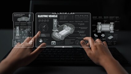 Technical layout of electric vehicle showing battery system, power control, traction motor, charging interface, and integration with renewable and smart energy sources Marrow