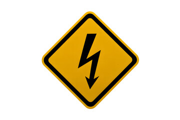 electricity warning sign isolated on the yellow and diamond shape  . Isolated on transparent background, png