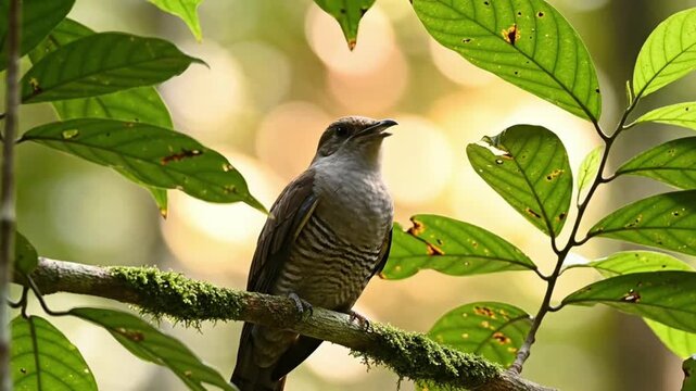 A beautiful bird with striped plumage perches on a mossy branch, framed by vibrant green leaves, bathed in soft, natural light.