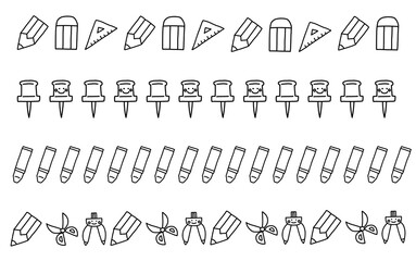 手描き線画 文具の装飾線4本セット｜鉛筆・消しゴム・定規・画びょう・クレヨン・はさみ / Hand-drawn Monochrome Stationery Decorative Lines Set