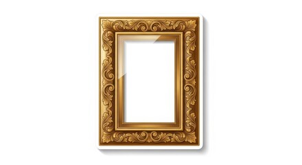 Ornate golden picture frame with blank white space rests on a white background