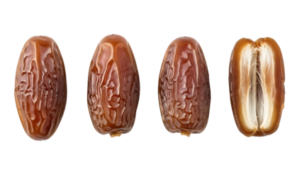 Four Brown Date Fruits with One Cut Open Showing Inner Texture dates food