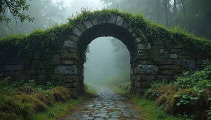 Stone arch bridge covered with green ivy leads to misty forest path. Overgrown stone structure looks ancient, inviting exploration. Mossy path winds into fog and trees.