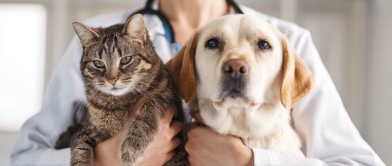 female doctor holding a cute dog and cat in her hands