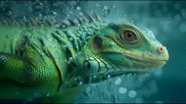 Green iguana swimming underwater with bubbles macro profile.