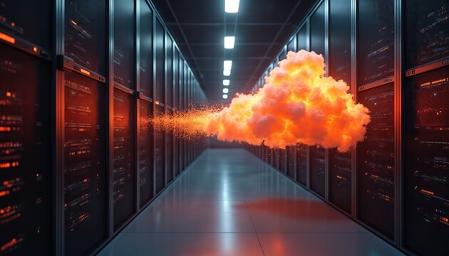 Server room hallway displays glowing orange cloud and digital data stream. Futuristic tech infrastructure shows information transfer and data storage. Concept for cyberspace and network. - Powered by Adobe