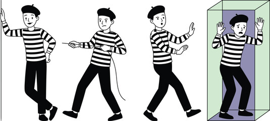 Mime artist performing classic pantomime poses, striped costume character set, silent performance emotions, theatrical illustration isolated