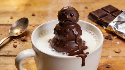 Chocolate snowman melting in a cup of milk  